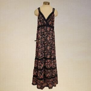 Express Floral Maxi Dress Black Multicolor Women's Medium NWT Lace Trim Boho